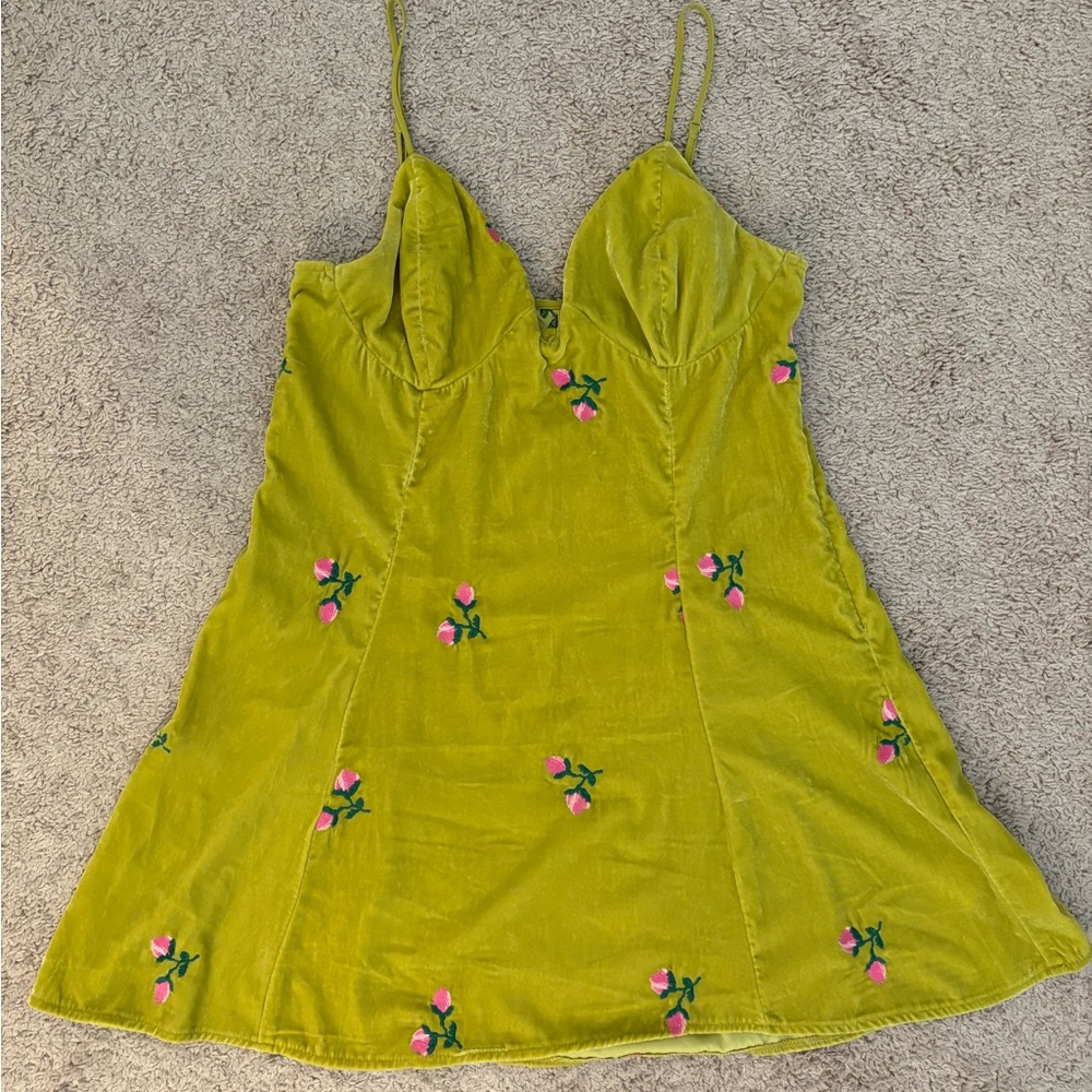 Urban Outfitters Green Mini Dress with Pink Floral Embroidery